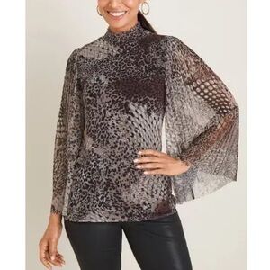 Chico's Size XL Cheetah & Snake Print Mesh Blouse Sheer Bell Sleeves Casual